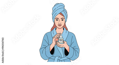 Woman in blue bathrobe and towel on head holding cream jar in pastel colors minimalist flat illustration for skincare advertising