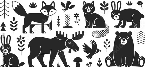 Woodland forest animal silhouette collection featuring bear, fox, moose, and rabbit icons for scandinavian decor