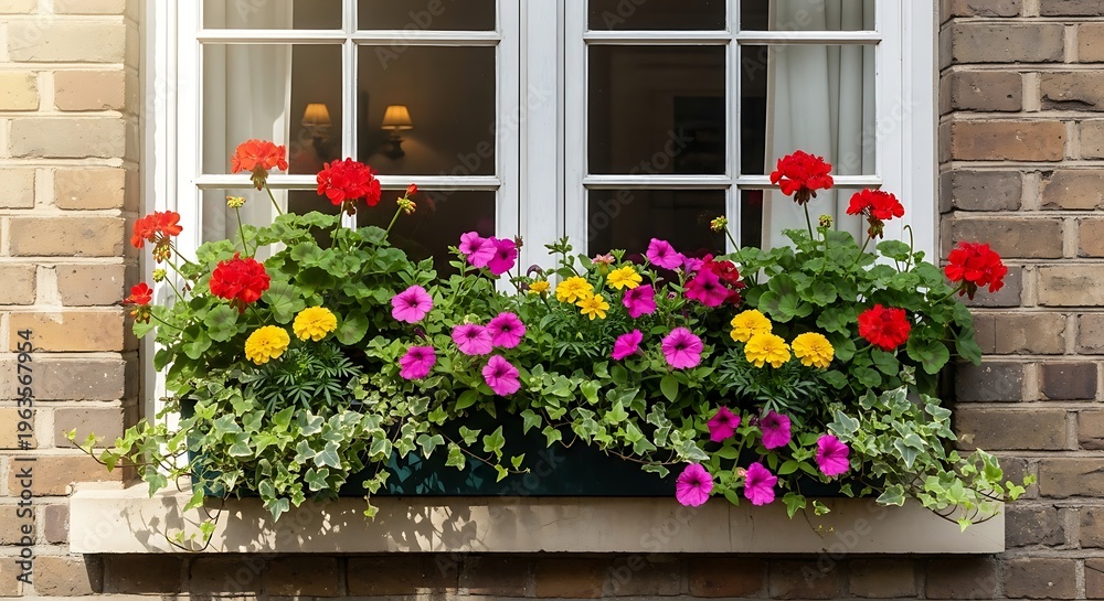 Fototapeta premium Window Box Blooming with Colorful Flowers and Greenery.