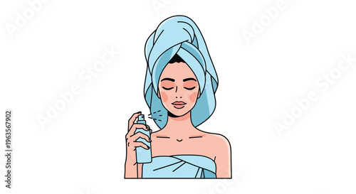 Woman in towel holding bottle in pop art style with blue color and flat illustration for beauty product advertising