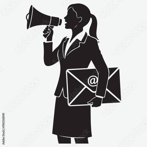 Silhouette of a woman in business attire holding a megaphone and an email envelope suit jacket