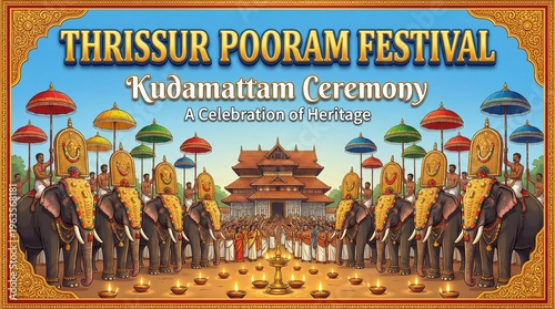 Thrissur Pooram is a grand Kerala temple festival known for decorated elephants, colorful parasols, temple rituals, and spectacular fireworks.