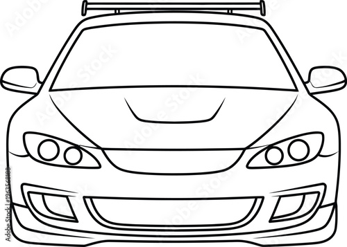 A black and white line drawing of a car front view