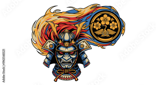 Fierce Samurai Warrior Helmet Illustration with Floral Crest