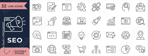 SEO marketing, website analytics and optimization outline icon set for UI
