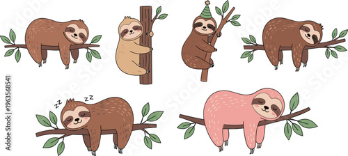 Cute sloths collection with sleeping climbing and hanging poses on tree branches in flat cartoon vector wildlife illustration set