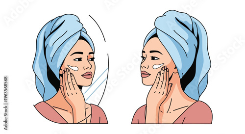 Woman applying facial cream in comic style illustration with white background for skincare advertising