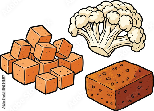Illustration of tofu and vegetables healthy food
