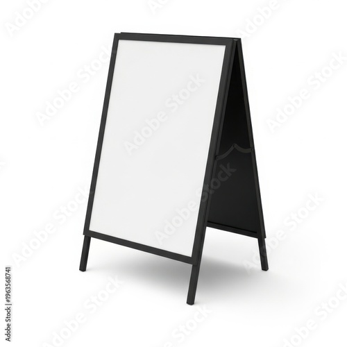 Freestanding black a-frame signboard with blank white display surface