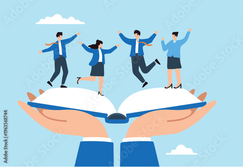 Flat illustration of businessman holds employee handbook providing onboarding procedures to new hires for company success