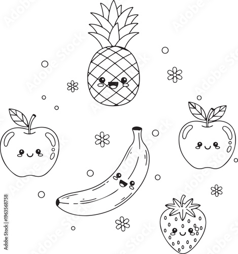Cute cartoon fruits with happy faces isolated on white background