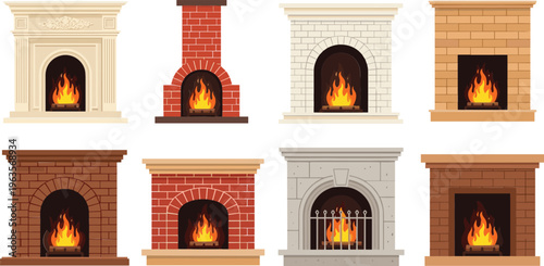 Fireplace collection with different classic and modern hearth designs burning fire cozy home interior vector illustration
