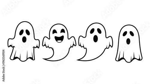 A group of four cartoon ghosts with different facial expressions