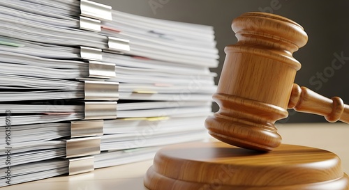 A wooden gavel resting on a block beside a large stack of papers