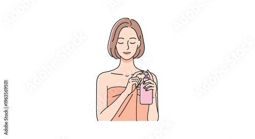 Woman enjoying pink perfume bottle in minimalist line art style with soft pastel colors on white background for beauty advertising