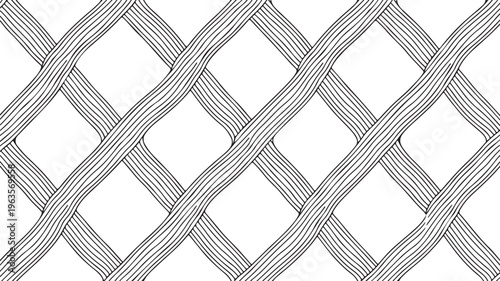 A detailed black and white illustration showing a repetitive diamond mesh pattern of woven lines