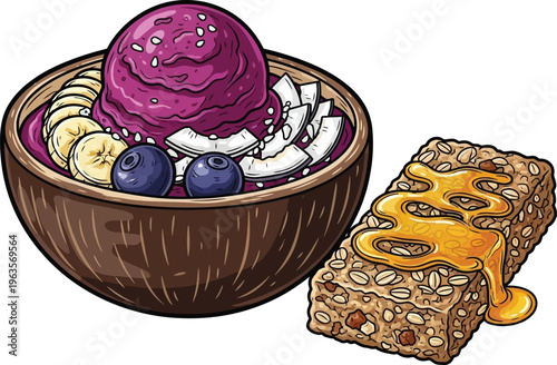 Illustration of Delicious dessert bowl with granola bar