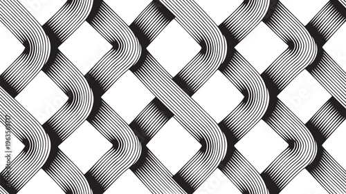 An intricate black and white abstract pattern featuring repetitive woven line elements and shapes.
