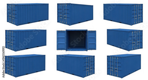 Blue shipping containers various angles and an open one isolated on transparent background