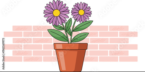 Potted flowering plant with purple blossoms on brick wall background simple home decor vector illustration design