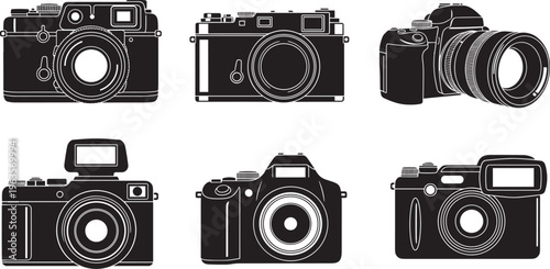 Diverse collection of professional camera silhouettes including digital slr and vintage film cameras cad drawing flat vector illustration minimalist silhouette style for photography branding