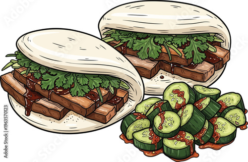 Illustration of Steamed buns with roasted pork and pickled cucumbers