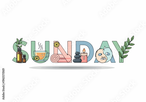 Relaxation and self-care represented by the word SUNDAY with spa elements, perfect for lifestyle blogs and wellness content