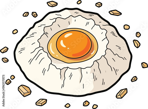 Illustration of fried egg with bread crumbs on white background