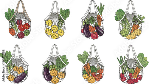 Reusable mesh bags with vegetables and fruits eco friendly shopping zero waste concept hand drawn vector illustration
