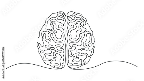 a black and white drawing of a brain with a maze drawn on it. the brain is drawn in a simple line style, with the maze filling the entire brain. the background is plain white.
