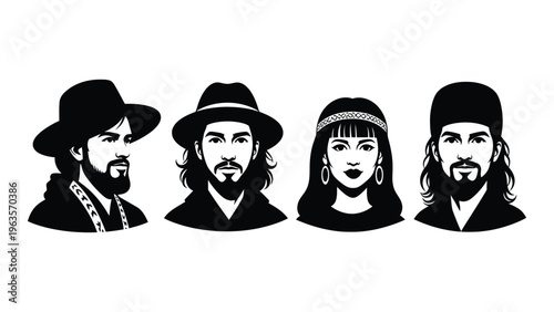 Black and white illustration of four band members