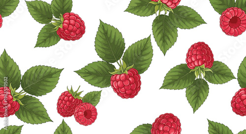 Seamless raspberry pattern with leaves realistic red berries botanical fruit background repeating vector illustration design