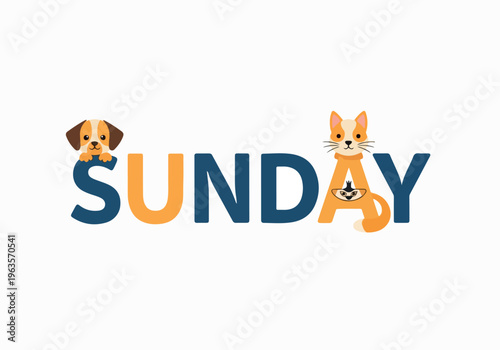 Sunday The Word Featuring Adorable Dog and Cat Icons Symbolizing Companionship and Weekend Leisure