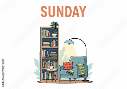 Cozy Sunday afternoon reading with a comfy armchair, a tall bookshelf, and a small side table with a potted plant and a lamp