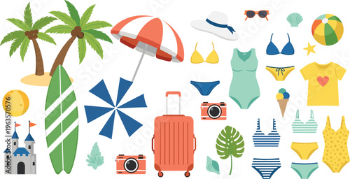 Summer vacation set with beach accessories swimsuit luggage camera umbrella palm trees travel vector illustration collection