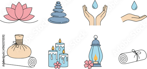 Spa wellness icon set with lotus candles stones towels and hands relaxation therapy elements flat vector illustration