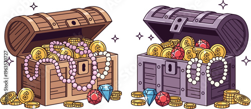 Treasure chests with gold coins gems and jewelry fantasy pirate loot collection detailed vector illustration design
