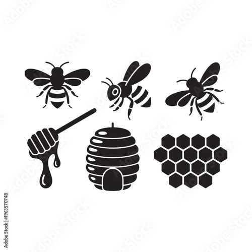 Bee and Honey Icons Set – Beehive, Honeycomb, and Beekeeping Vector Illustration
