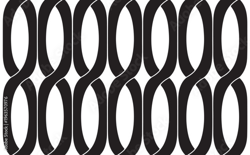 A black and white graphical pattern featuring repeating intertwined oval shapes in a continuous row