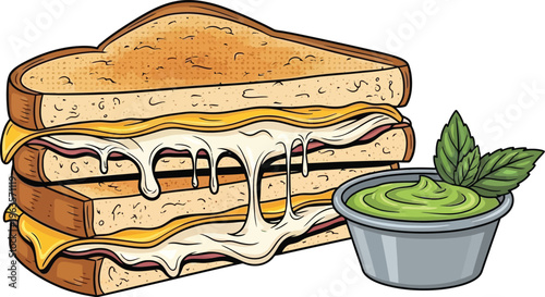 Illustration of Grilled cheese sandwich with guacamole dip
