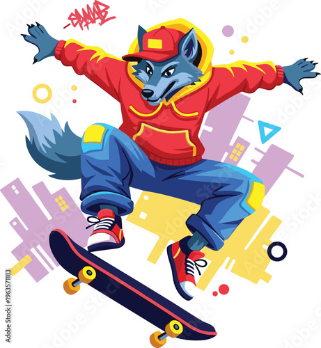 Urban Skateboarding Wolf Character Illustration in Streetwear Hoodie, Cap, and Sneakers Performing Tricks with Graffiti and Cityscape Background for Youth and Sports Designs