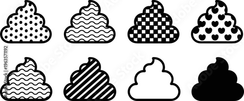 Eight stylized poop icons with different patterns and solid black symbol collection