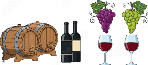  Wine production set with barrels bottles grapes and glasses red and white wine vector illustration design