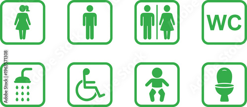 Green Pictograms for Restrooms Accessibility Baby Care and Shower Facilities female icon male icon