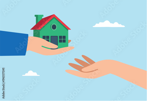 Flat illustration of father hand give house model to child symbolizing inheritance
