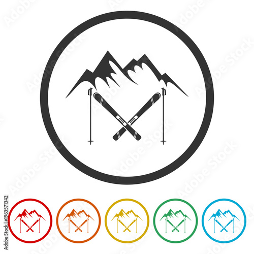 Mountains Skis icon. Set icons in color circle buttons