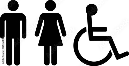 Male Female and Wheelchair User Icons on White Background Keywords: male icon, female icon, disabled icon, wheelchair icon
