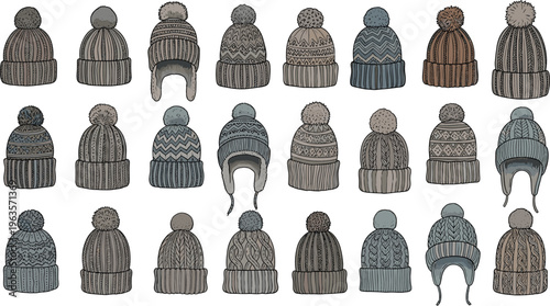 Winter knitted hats collection with pompom beanies warm cozy headwear set detailed hand drawn vector illustration