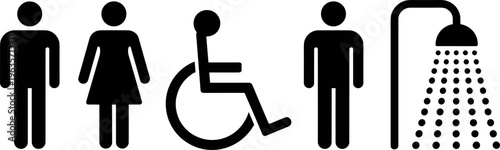 Male Female and Disabled Person Icons with Shower Symbol on White Background Keywords: male icon, female icon, disabled icon