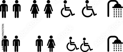 Set Of Black Pictogram Icons For Men Women Wheelchair And Shower Facilities symbol